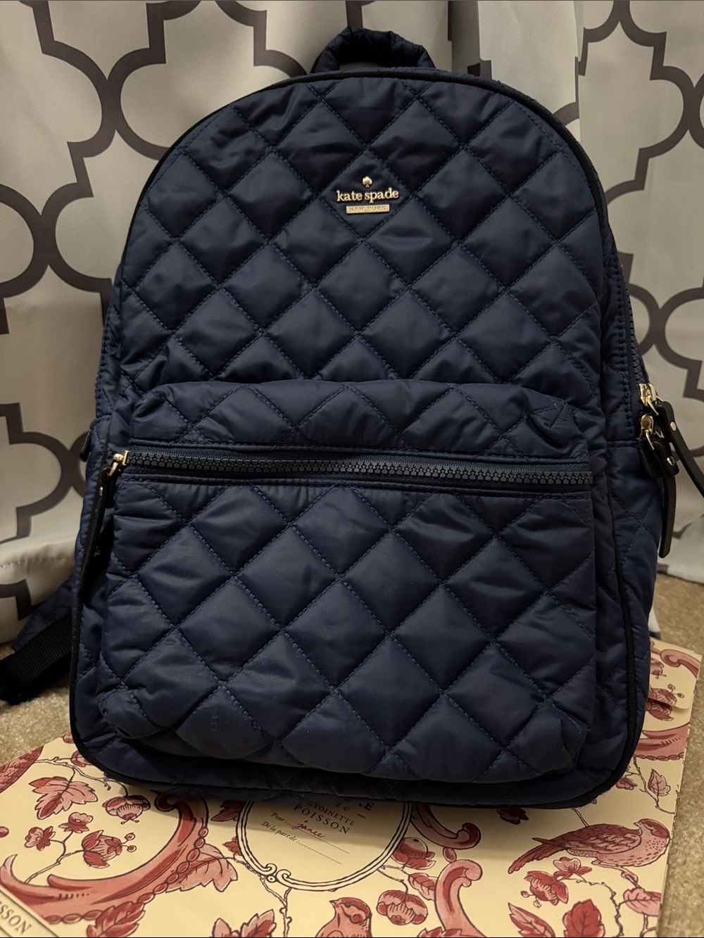 kate spade Quilted Navy Nylon Backpack with Gold Logo